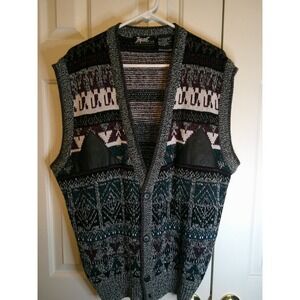Vintage Impact Sweater Vest Sleeveless Knitwear Aztec Pattern Leather‎ Trim L/G